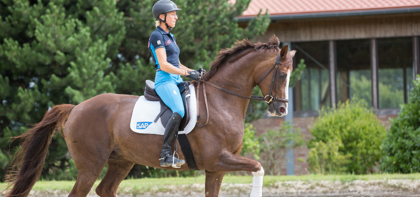 Ingrid Klimke riding with a balanced seat while asking the horse to collect.