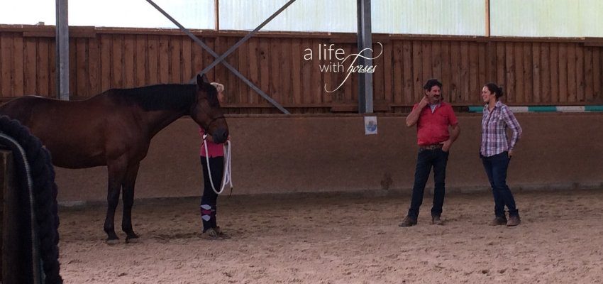 horsemanship-benson-alifewithhorses Pferd in Halle mit Besitzerin sowie Ian und Anke Benson