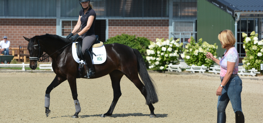 Dressage trainer Dr. Britta Schoffmann giving a riding lesson to a student.